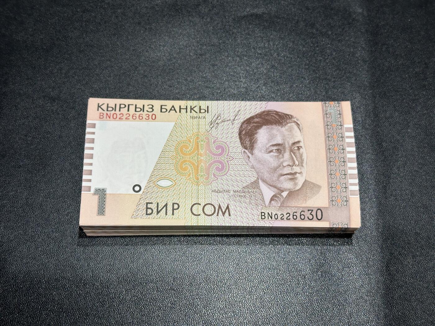 《外钞收藏家》第五百八十八期（优质场）（本平台长期征集拍品、欢迎藏友们联系合作） 吉尔吉斯斯坦1993年1索姆整刀（大连号，大部分全程无47）UNC