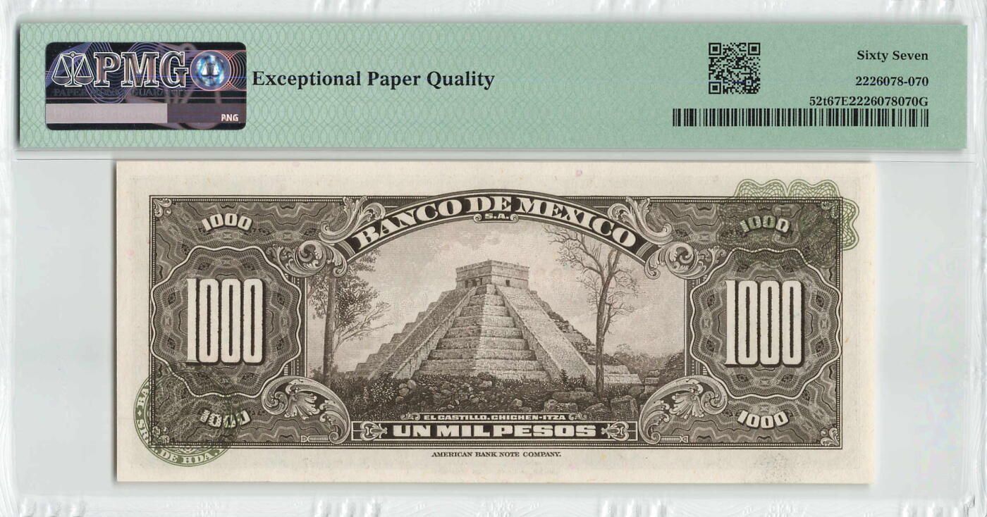 小福收藏拍卖第196期 评级币精选场 本期有68分倒置号布隆迪世界最大纸币 泰国69年10铢纪念钞0A冠百位倒置号  文莱06年500吉令特首年首冠 丹麦经典大松鼠 俄罗斯 玻利维亚 东加勒比 亚美尼亚等多国精美高分珍稀老钞精品纸币 墨西哥 1977年 1000比索 PMG67 EPQ 冠军分！！！