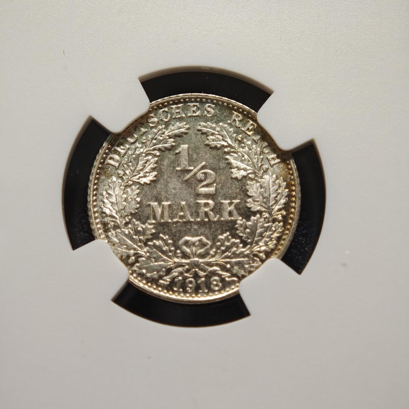 【德藏】世界币章拍卖第155期（拍品征集中~欢迎藏友联系） 1918年 德国巴伐利亚1/2马克银币 NGC MS67 淡五彩包浆 顶级品相状态