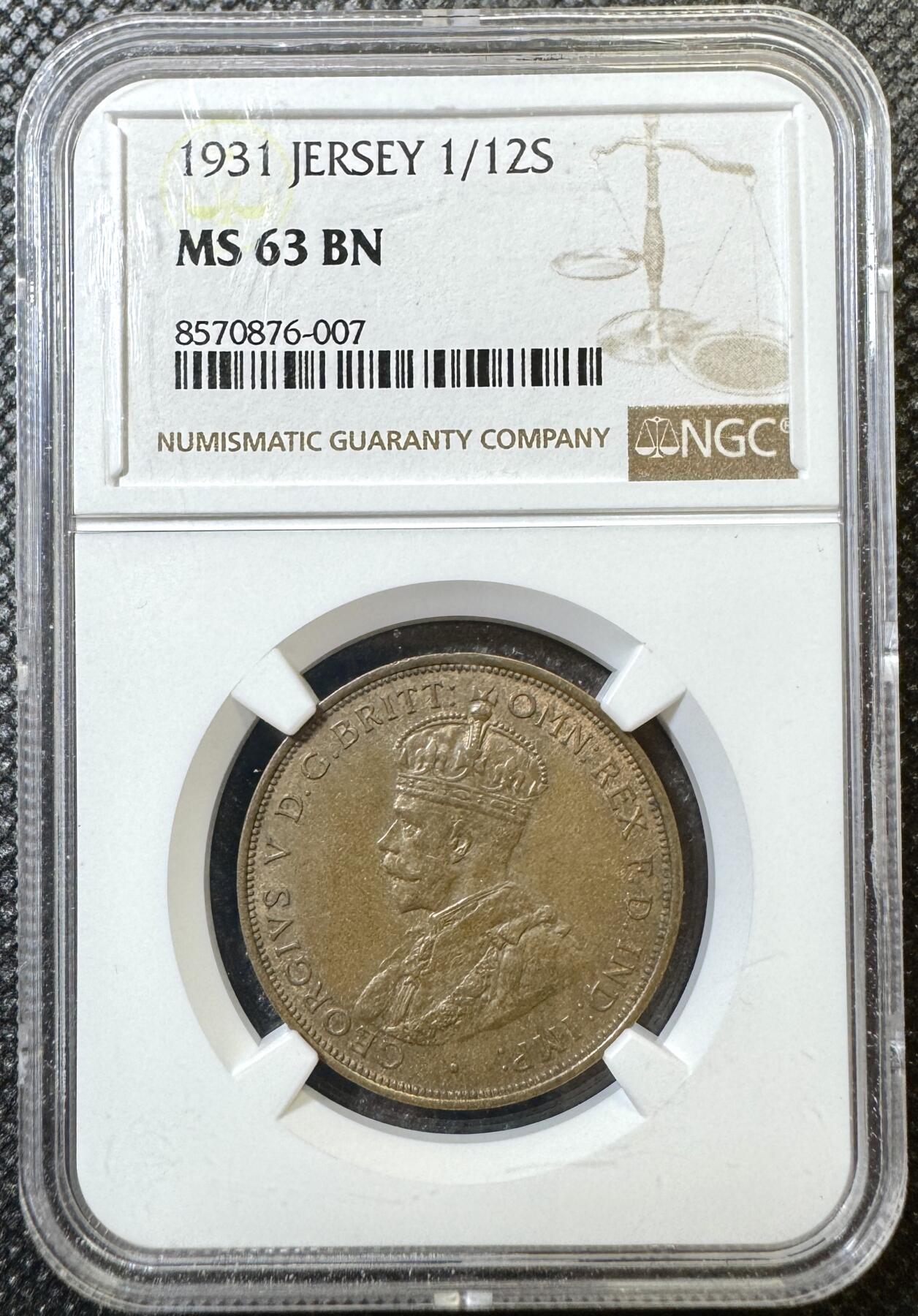 甄臻铺-世界币章拍卖（第40期）送拍享返佣金等优惠多多 NGC-MS63BN 1931年英属泽西岛1/12先令大铜币，少见版本，比本土的少很多，巧克力包浆很好看