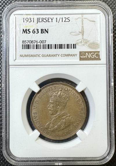 甄臻铺-世界币章拍卖（第40期）送拍享返佣金等优惠多多 - NGC-MS63BN 1931年英属泽西岛1/12先令大铜币，少见版本，比本土的少很多，巧克力包浆很好看