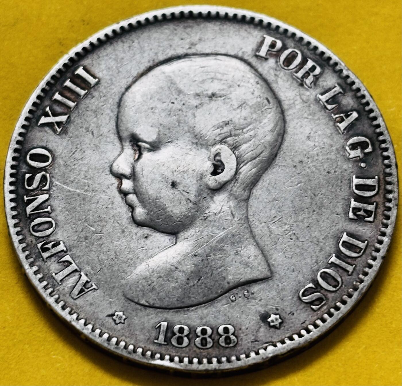 文馨钱币收藏第 283 场，【大雪鉴珍，寒英缀金】金银纪念币精品场，诚邀您的参与【长期接代拍品】 1888 年发财年西班牙阿方索十三世小孩头 5 比塞塔大银币，首发版比较少见年份 900 高银