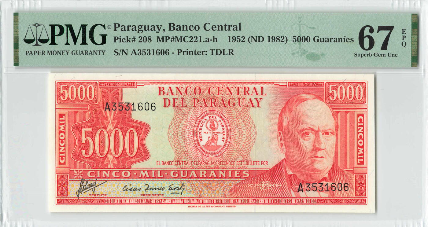 小福收藏拍卖第196期 评级币精选场 本期有68分倒置号布隆迪世界最大纸币 泰国69年10铢纪念钞0A冠百位倒置号  文莱06年500吉令特首年首冠 丹麦经典大松鼠 俄罗斯 玻利维亚 东加勒比 亚美尼亚等多国精美高分珍稀老钞精品纸币 巴拉圭 1982年 5000瓜拉尼 少见 A冠 无47 PMG67 EPQ 亚军分 (冠军分仅1枚）