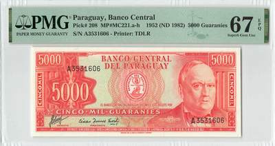 小福收藏拍卖第196期 评级币精选场 本期有68分倒置号布隆迪世界最大纸币 泰国69年10铢纪念钞0A冠百位倒置号  文莱06年500吉令特首年首冠 丹麦经典大松鼠 俄罗斯 玻利维亚 东加勒比 亚美尼亚等多国精美高分珍稀老钞精品纸币 - 巴拉圭 1982年 5000瓜拉尼 少见 A冠 无47 PMG67 EPQ 亚军分 (冠军分仅1枚）