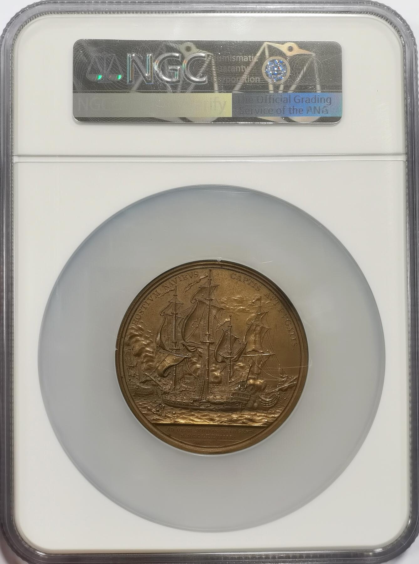 博洋堂世界钱币拍卖第149期（全场包邮） NGC MS62 英国复刻1779年弗兰伯勒角海战纪念巨大镀金铜章，超高浮雕56mm巨大款，这一系列镀金章如果是原铸得几万成交价。这枚是二战时期复刻的。