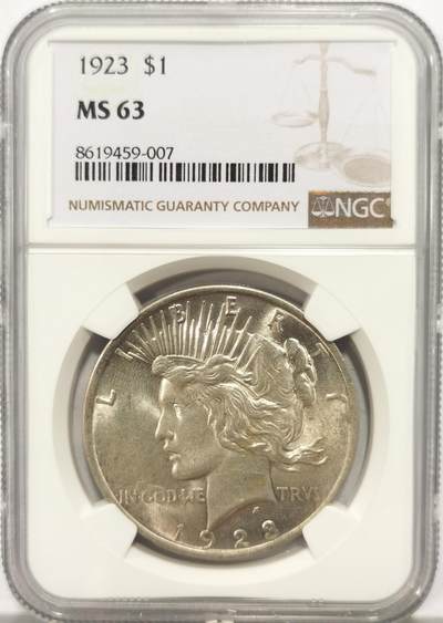 博洋堂世界钱币拍卖第149期（全场包邮） - NGC MS63 美国1923年和平银币，淡黄油包浆，转光强烈。