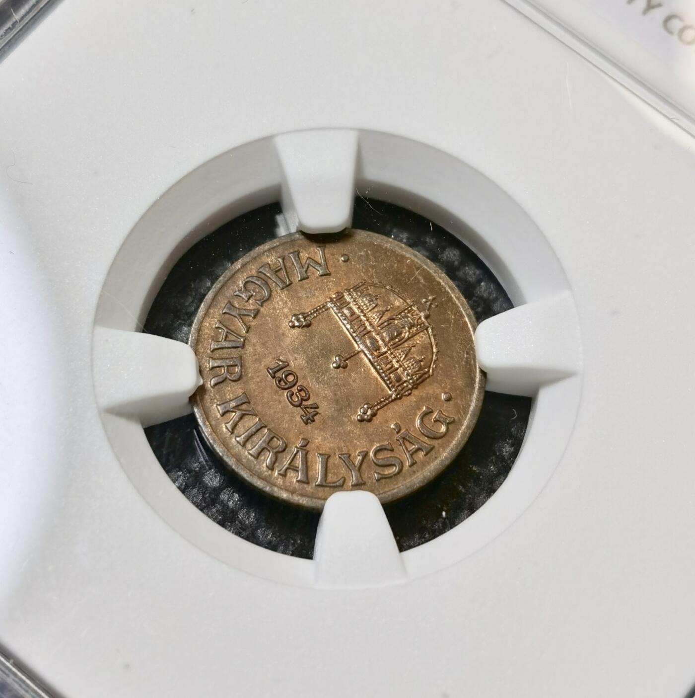 甄臻铺-世界币章拍卖（第40期）送拍享返佣金等优惠多多 NGC-MS63BN 匈牙利1934年一菲勒铜币，铜光饱满，状态很好