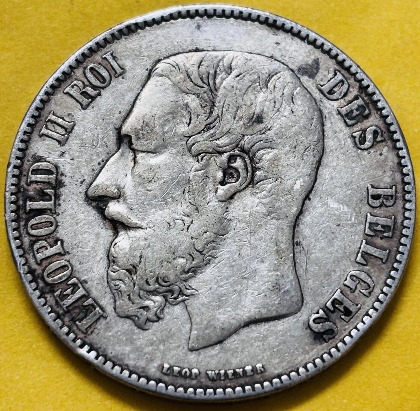 文馨钱币收藏第 283 场，【大雪鉴珍，寒英缀金】金银纪念币精品场，诚邀您的参与【长期接代拍品】 1873 年比利时利奥波德二世 5 法郎大银币 900 高银，早期第一版，人脸狮徽各方面综合保留不错