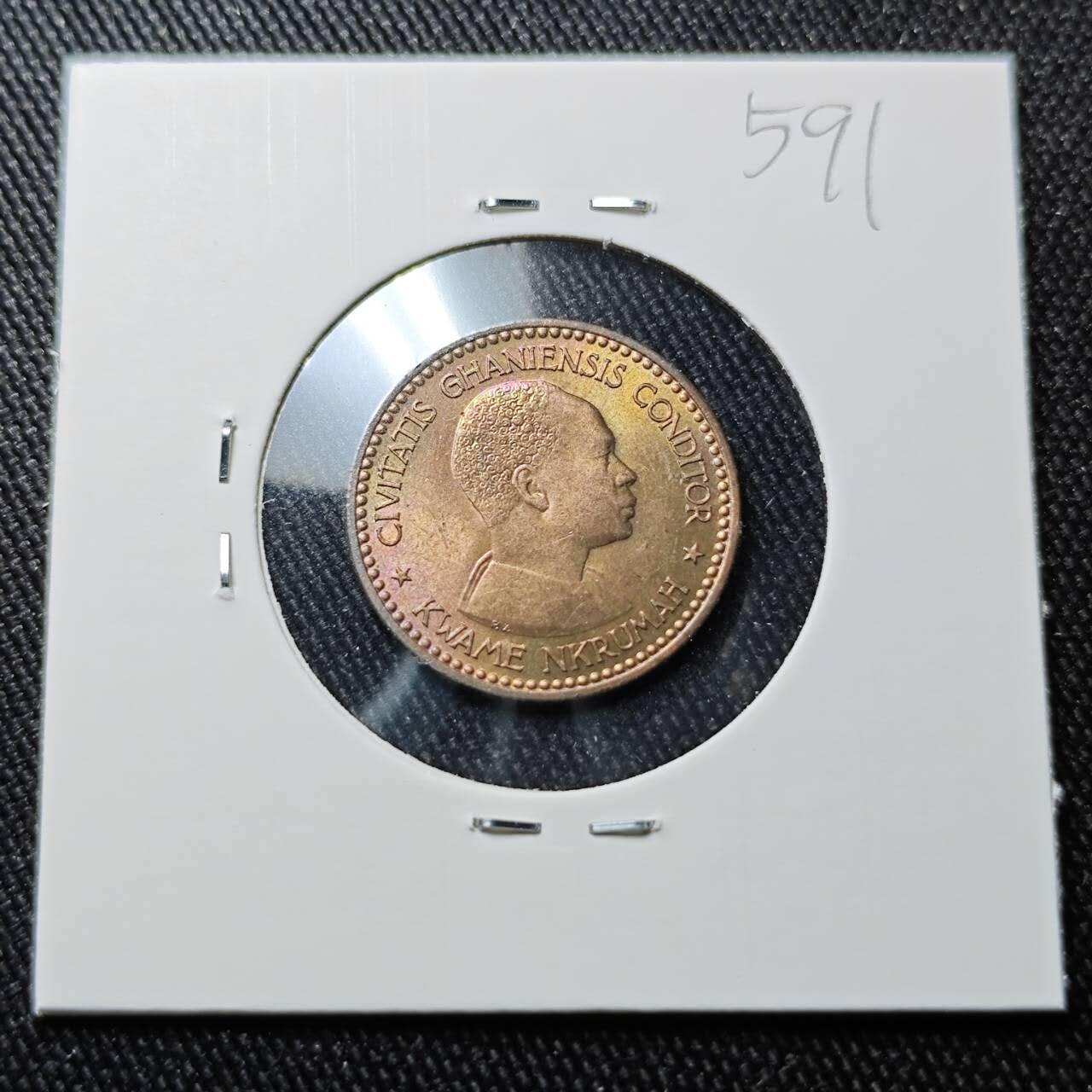 KK钱币收藏小铺 （套币 好品/批量散币 银币）专场  2月预留时间 周末发货  1958加纳1/2比塞瓦铜币 带彩漂亮