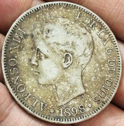 文馨钱币收藏第 283 场，【大雪鉴珍，寒英缀金】金银纪念币精品场，诚邀您的参与【长期接代拍品】 - 1898 年西班牙阿方索十三世 5 比塞塔大银币，第三版 900 银，满天星包浆，整体感觉不错