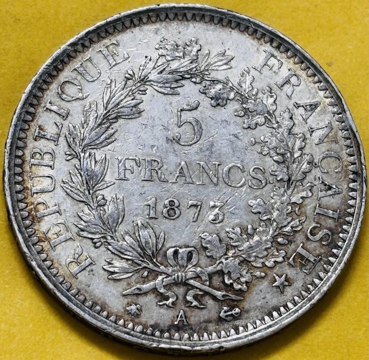 文馨钱币收藏第 283 场，【大雪鉴珍，寒英缀金】金银纪念币精品场，诚邀您的参与【长期接代拍品】 法兰西第三共和国 1873 年大力神 5 法郎大银币，早期第六版本 A 厂 900 高银
