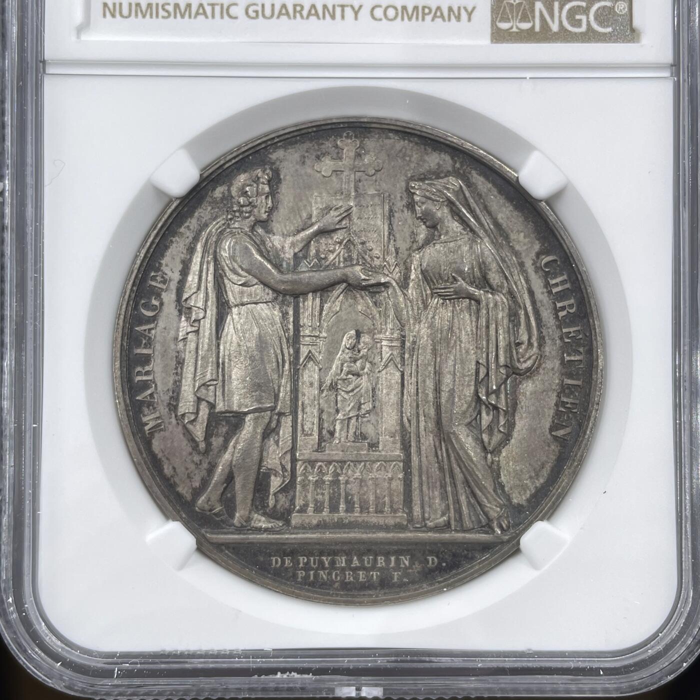 「木头集藏」章牌精品专场！ 1843年法国婚礼纪念大版银章，MS 63，直径：41 mm，边铭：船首 ARGENT （1842-1845年），刻字已一百八十多年，这个品相难得！