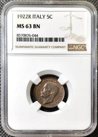甄臻铺-世界币章拍卖（第40期）送拍享返佣金等优惠多多 - NGC-MS63BN 意大利1922年麦穗5分铜币，巧克力包浆，铜光四溢，状态非常好
