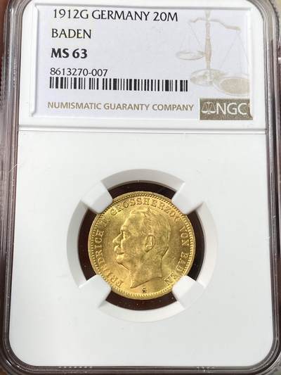 万国钱币拍卖第056期 - NGC MS63 1912年德国巴登长翅流通20马克金币 少见MS级巴登中年头 丝滑金光极美收藏级 7.96g 900金