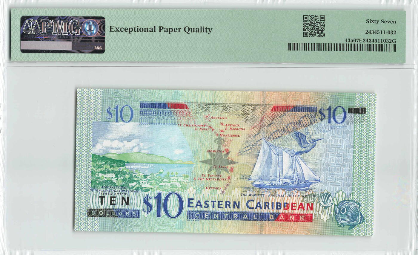 小福收藏拍卖第196期 评级币精选场 本期有68分倒置号布隆迪世界最大纸币 泰国69年10铢纪念钞0A冠百位倒置号  文莱06年500吉令特首年首冠 丹麦经典大松鼠 俄罗斯 玻利维亚 东加勒比 亚美尼亚等多国精美高分珍稀老钞精品纸币 东加勒比 （A） 安提瓜 2003年 10元 PMG67 EPQ 冠军分！！！