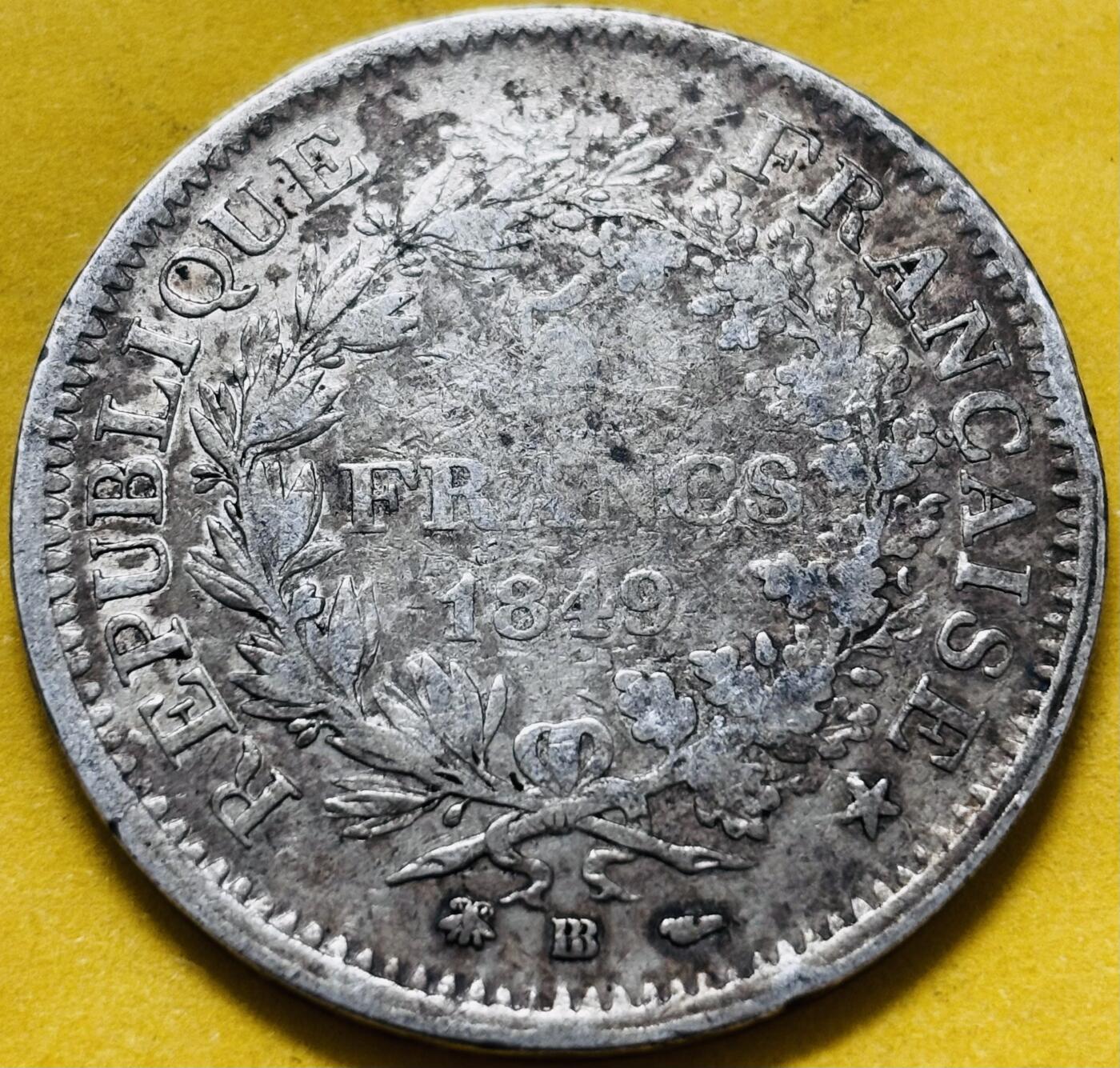 文馨钱币收藏第 283 场，【大雪鉴珍，寒英缀金】金银纪念币精品场，诚邀您的参与【长期接代拍品】 少见法兰西第二共和国时期 1849 年大力神 5 法郎大银币 900 高银，第一版关门版少见双英文 BB 厂，关门年更是难得