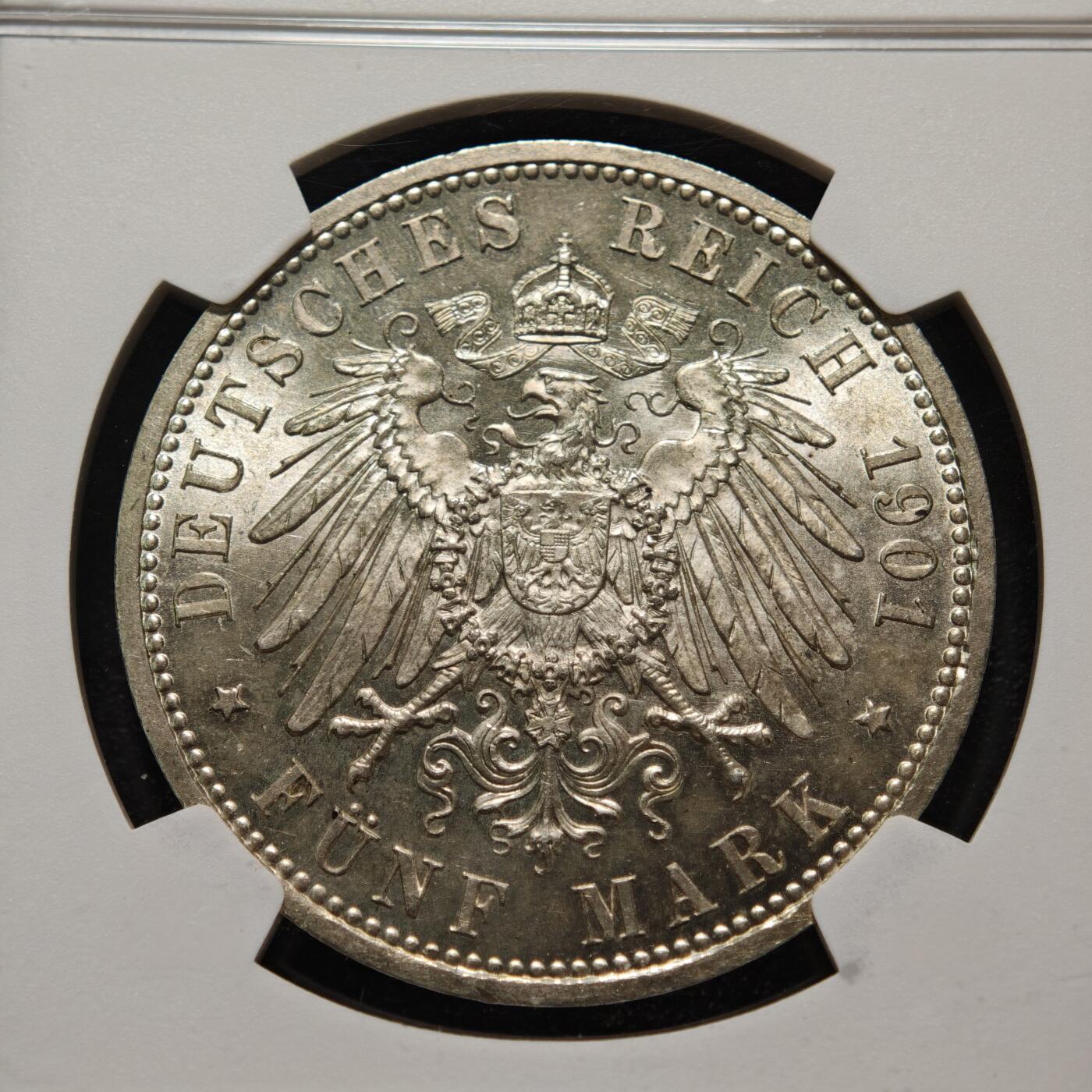 【德藏】世界币章拍卖第155期（拍品征集中~欢迎藏友联系） 1901年 德国普鲁士建国200周年5马克银币 NGC MS63 状态极佳 淡包浆 转光十足