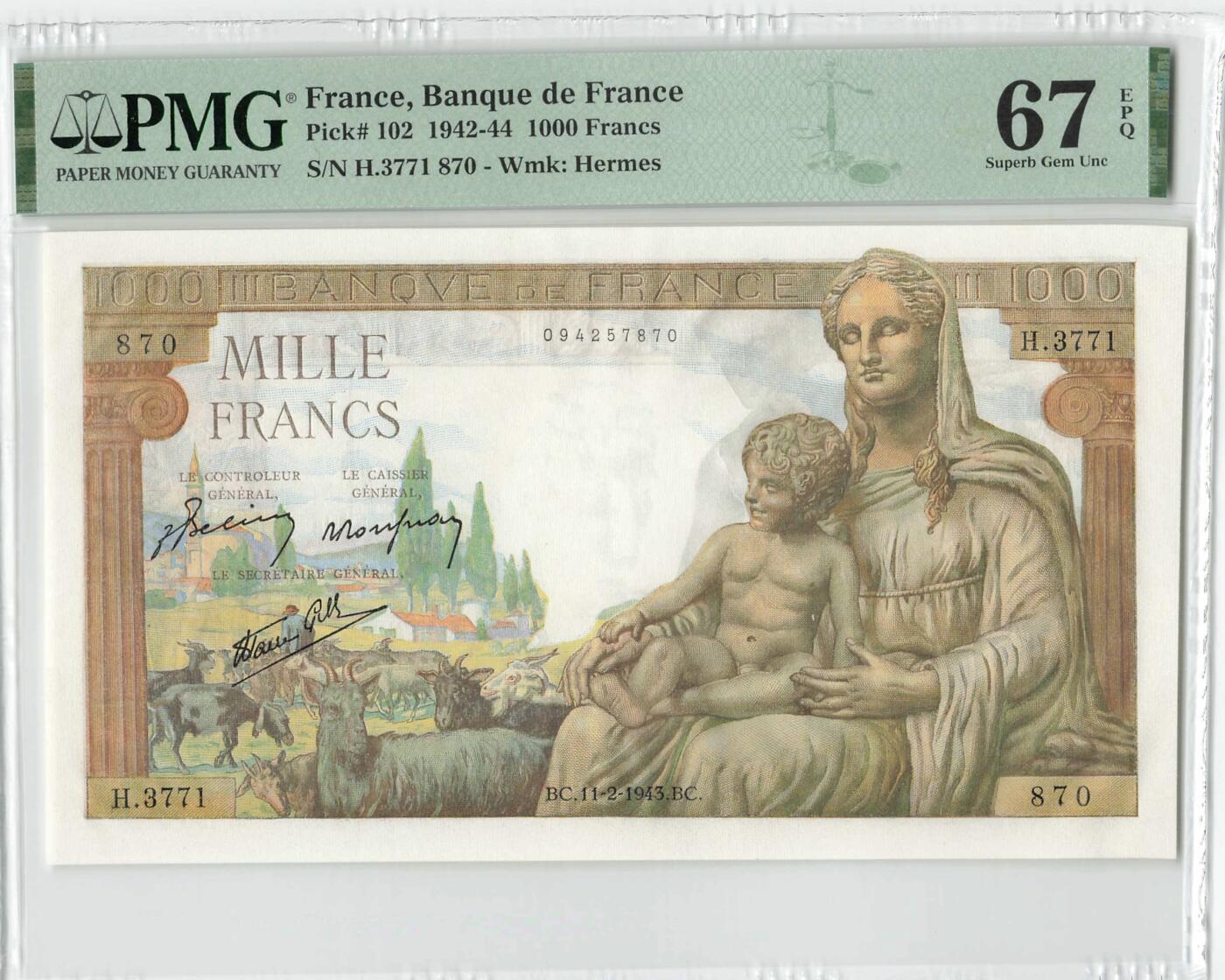 小福收藏拍卖第196期 评级币精选场 本期有68分倒置号布隆迪世界最大纸币 泰国69年10铢纪念钞0A冠百位倒置号  文莱06年500吉令特首年首冠 丹麦经典大松鼠 俄罗斯 玻利维亚 东加勒比 亚美尼亚等多国精美高分珍稀老钞精品纸币 法国 1943年 1000法郎 女神和墨丘利神 大票幅 PMG67 EPQ 亚军分