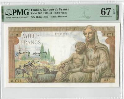 小福收藏拍卖第196期 评级币精选场 本期有68分倒置号布隆迪世界最大纸币 泰国69年10铢纪念钞0A冠百位倒置号  文莱06年500吉令特首年首冠 丹麦经典大松鼠 俄罗斯 玻利维亚 东加勒比 亚美尼亚等多国精美高分珍稀老钞精品纸币 - 法国 1943年 1000法郎 女神和墨丘利神 大票幅 PMG67 EPQ 亚军分
