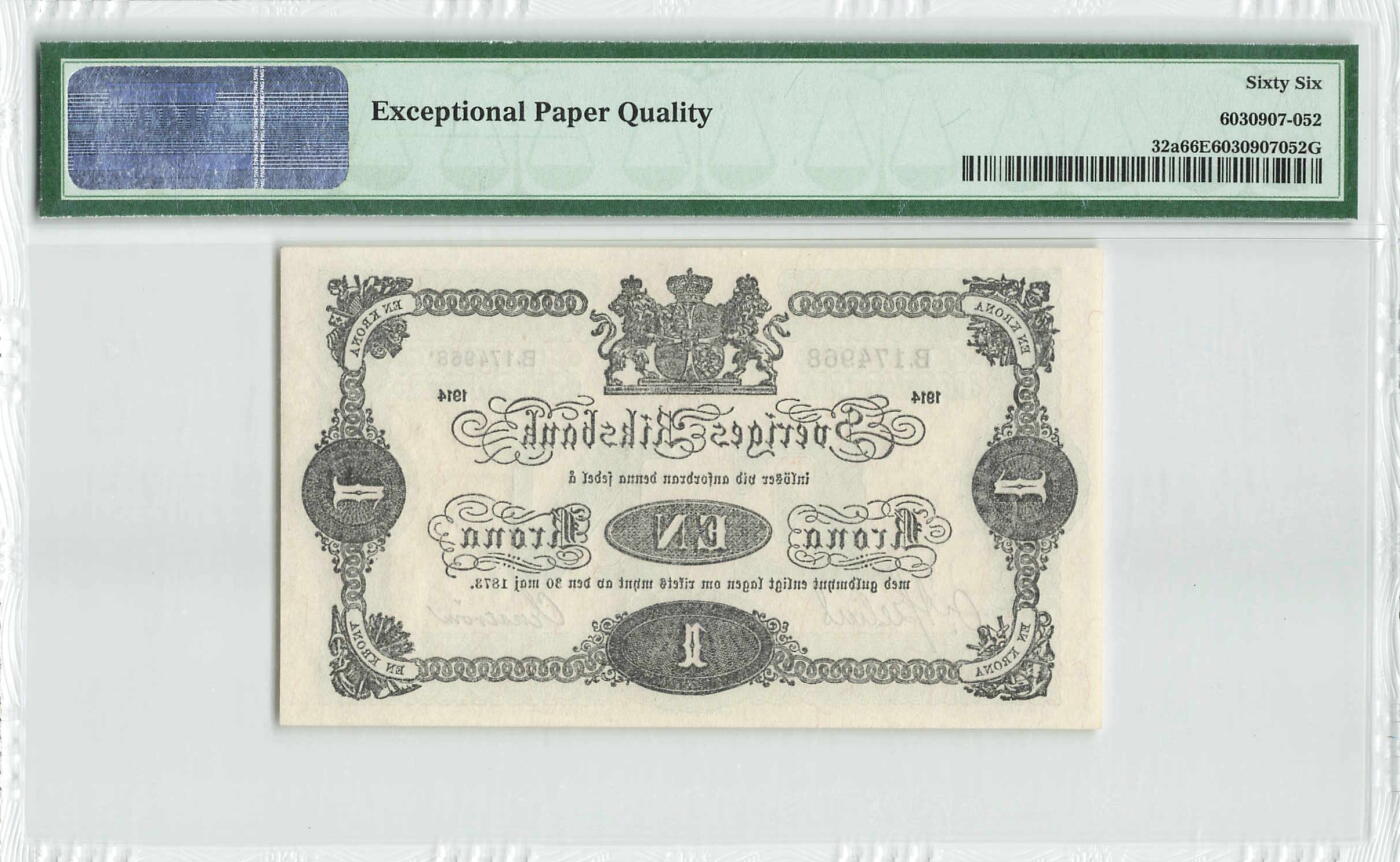 小福收藏拍卖第196期 评级币精选场 本期有68分倒置号布隆迪世界最大纸币 泰国69年10铢纪念钞0A冠百位倒置号  文莱06年500吉令特首年首冠 丹麦经典大松鼠 俄罗斯 玻利维亚 东加勒比 亚美尼亚等多国精美高分珍稀老钞精品纸币 瑞典 1914年 1克朗 首发年 非常罕有好品更少 又称“牛10克朗”当时牲畜交易一般是10克朗 重新引入1克朗后常被人们混淆 尾8 PMG66 EPQ 亚军分(冠军分仅1枚）