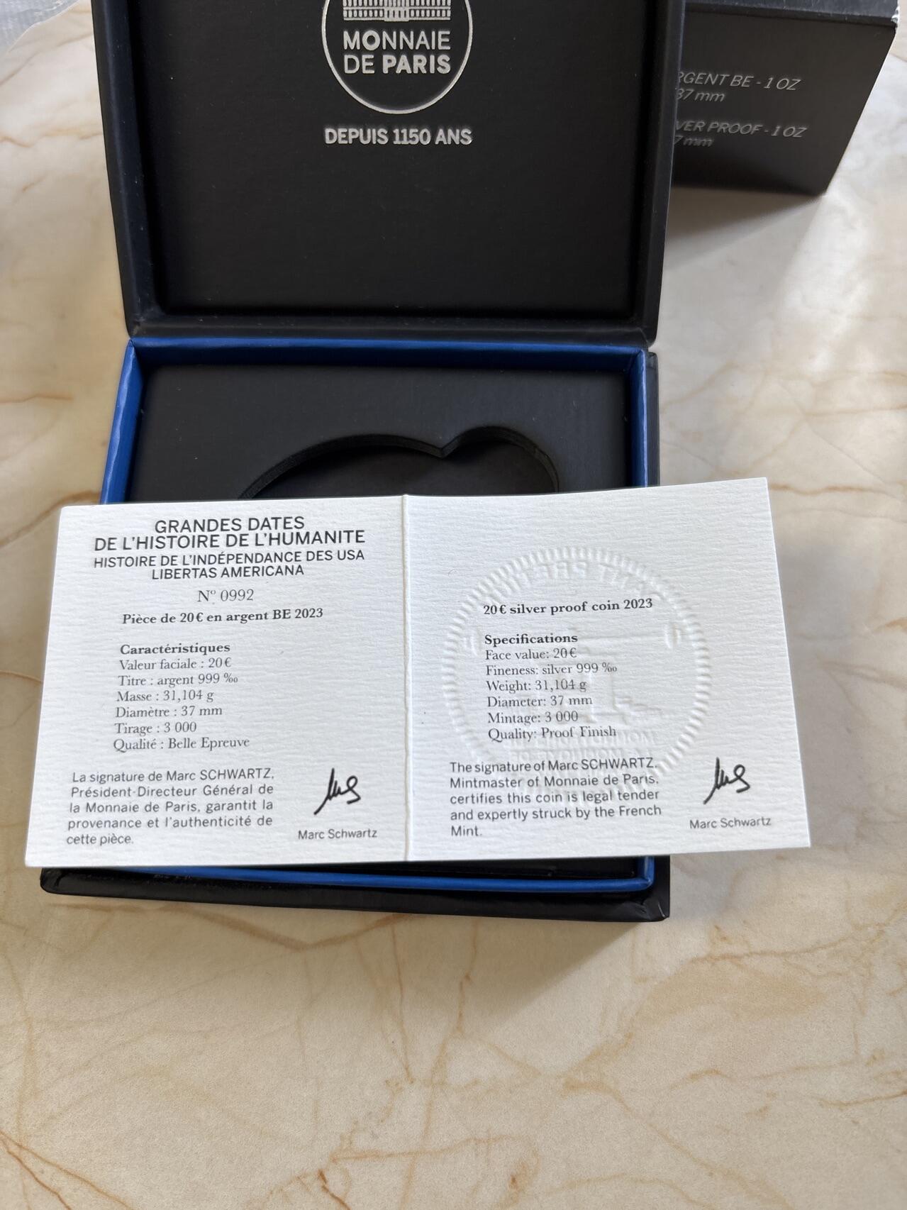 第183期拍卖 法国2023年人类最伟大的日子美国独立史1盎司银币NGC-PF69原盒证书,1盎司，发行3000枚，999银