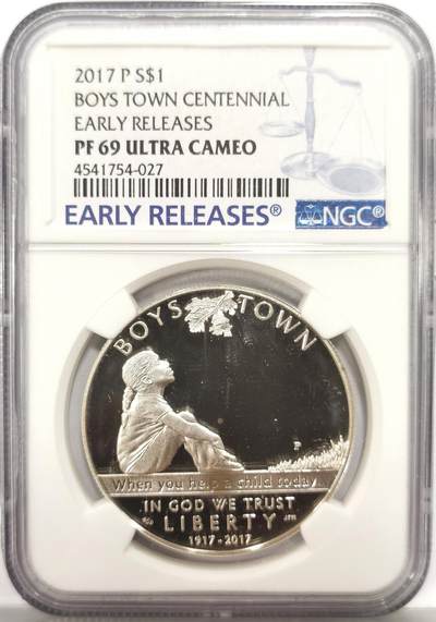 博洋堂世界钱币拍卖第149期（全场包邮） - NGC PF69UC 美国2017年男孩镇建立百年纪念1美元精制银币，2019年克劳斯世界硬币大赛-最富激情币，PROOF精制币，币面清爽干净又漂亮，状态极佳。