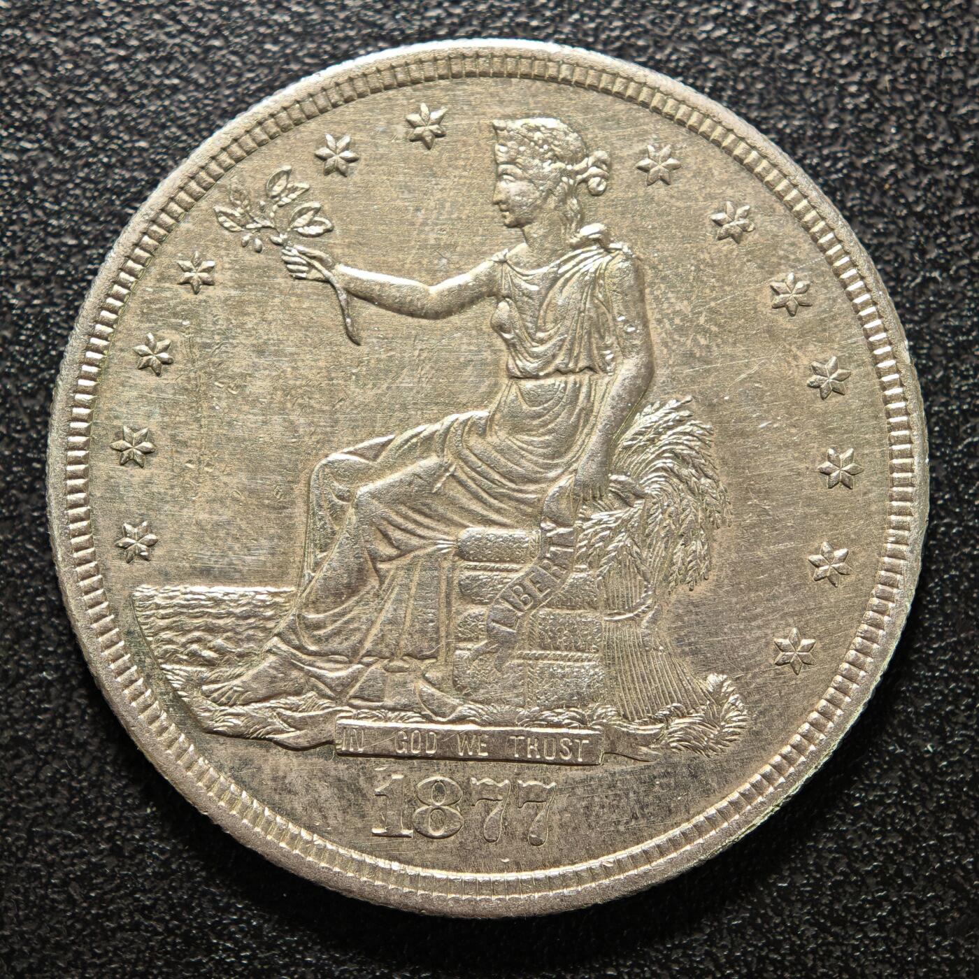 【德藏】世界币章拍卖第155期（拍品征集中~欢迎藏友联系） 1877年 美国拿花1元银币 热门经典品种！直径约：38mm；重约：27.1g