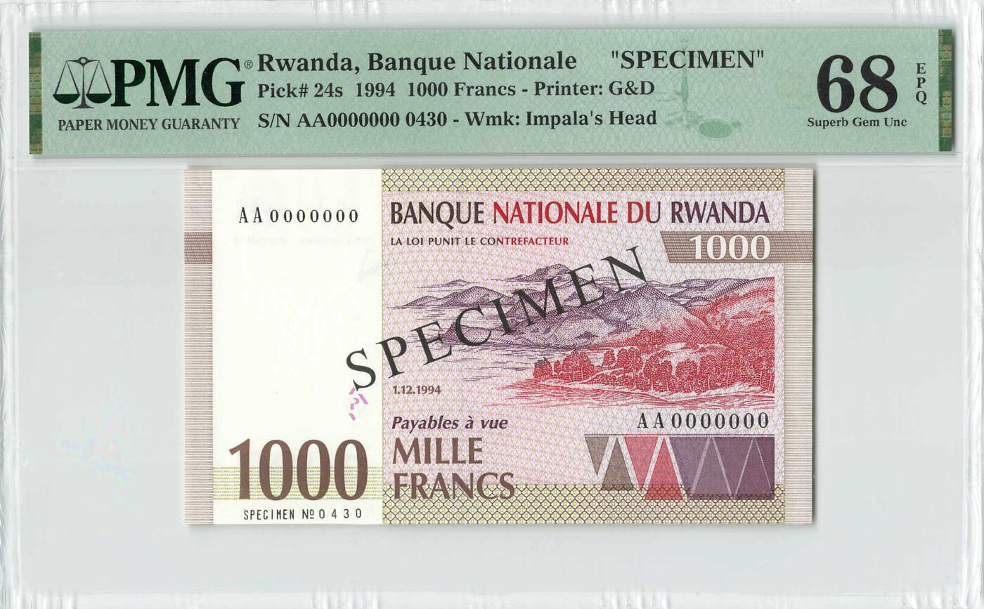 小福收藏拍卖第196期 评级币精选场 本期有68分倒置号布隆迪世界最大纸币 泰国69年10铢纪念钞0A冠百位倒置号  文莱06年500吉令特首年首冠 丹麦经典大松鼠 俄罗斯 玻利维亚 东加勒比 亚美尼亚等多国精美高分珍稀老钞精品纸币 卢旺达 1994年 1000法郎 样钞 卢旺达大屠杀年份 AA冠  PMG68 EPQ 亚军分