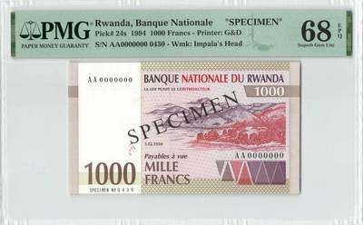 小福收藏拍卖第196期 评级币精选场 本期有68分倒置号布隆迪世界最大纸币 泰国69年10铢纪念钞0A冠百位倒置号  文莱06年500吉令特首年首冠 丹麦经典大松鼠 俄罗斯 玻利维亚 东加勒比 亚美尼亚等多国精美高分珍稀老钞精品纸币 - 卢旺达 1994年 1000法郎 样钞 卢旺达大屠杀年份 AA冠  PMG68 EPQ 亚军分