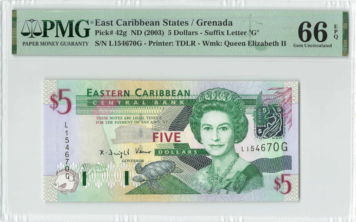 小福收藏拍卖第196期 评级币精选场 本期有68分倒置号布隆迪世界最大纸币 泰国69年10铢纪念钞0A冠百位倒置号  文莱06年500吉令特首年首冠 丹麦经典大松鼠 俄罗斯 玻利维亚 东加勒比 亚美尼亚等多国精美高分珍稀老钞精品纸币 东加勒比 （G）格林纳达 2003年 5元 国别很少见 全息贴膜 PMG66 EPQ 季军分