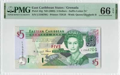 小福收藏拍卖第196期 评级币精选场 本期有68分倒置号布隆迪世界最大纸币 泰国69年10铢纪念钞0A冠百位倒置号  文莱06年500吉令特首年首冠 丹麦经典大松鼠 俄罗斯 玻利维亚 东加勒比 亚美尼亚等多国精美高分珍稀老钞精品纸币 - 东加勒比 （G）格林纳达 2003年 5元 国别很少见 全息贴膜 PMG66 EPQ 季军分