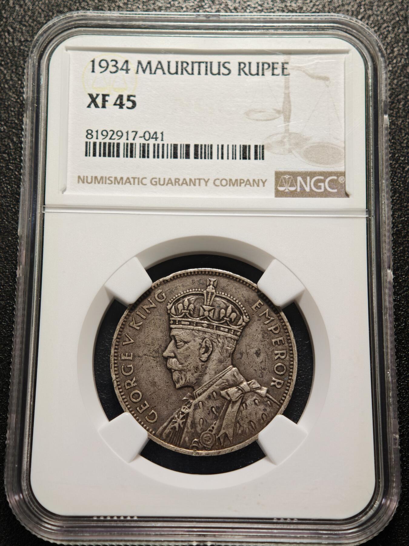 【德藏】世界币章拍卖第155期（拍品征集中~欢迎藏友联系） 1934年 毛里求斯1卢比银币 NGC XF45 原味包浆