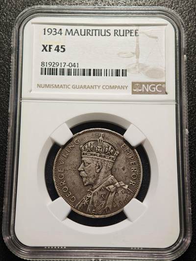 【德藏】世界币章拍卖第155期（拍品征集中~欢迎藏友联系） - 1934年 毛里求斯1卢比银币 NGC XF45 原味包浆