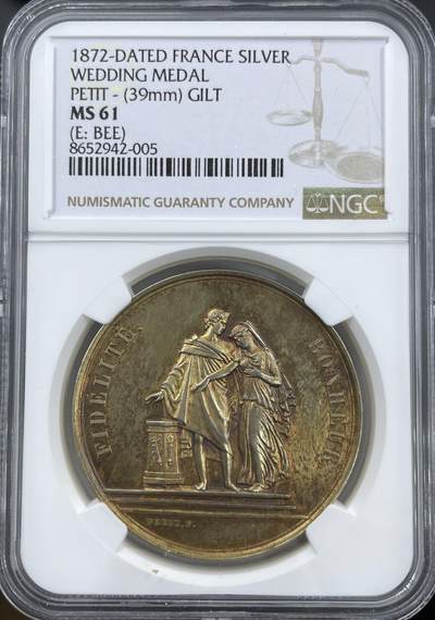 「木头集藏」章牌精品专场！ - PETIT～1872年法国婚礼纪念镀金大版银章，直径：39.5mm，25 g，边铭：蜜蜂 ARGENT，1872年刻字。