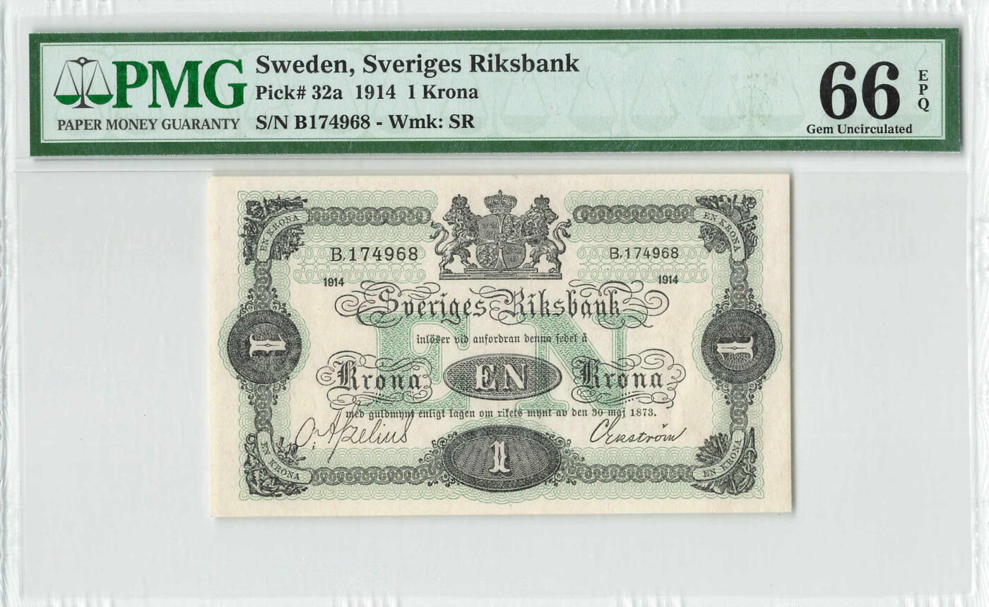 小福收藏拍卖第196期 评级币精选场 本期有68分倒置号布隆迪世界最大纸币 泰国69年10铢纪念钞0A冠百位倒置号  文莱06年500吉令特首年首冠 丹麦经典大松鼠 俄罗斯 玻利维亚 东加勒比 亚美尼亚等多国精美高分珍稀老钞精品纸币 瑞典 1914年 1克朗 首发年 非常罕有好品更少 又称“牛10克朗”当时牲畜交易一般是10克朗 重新引入1克朗后常被人们混淆 尾8 PMG66 EPQ 亚军分(冠军分仅1枚）