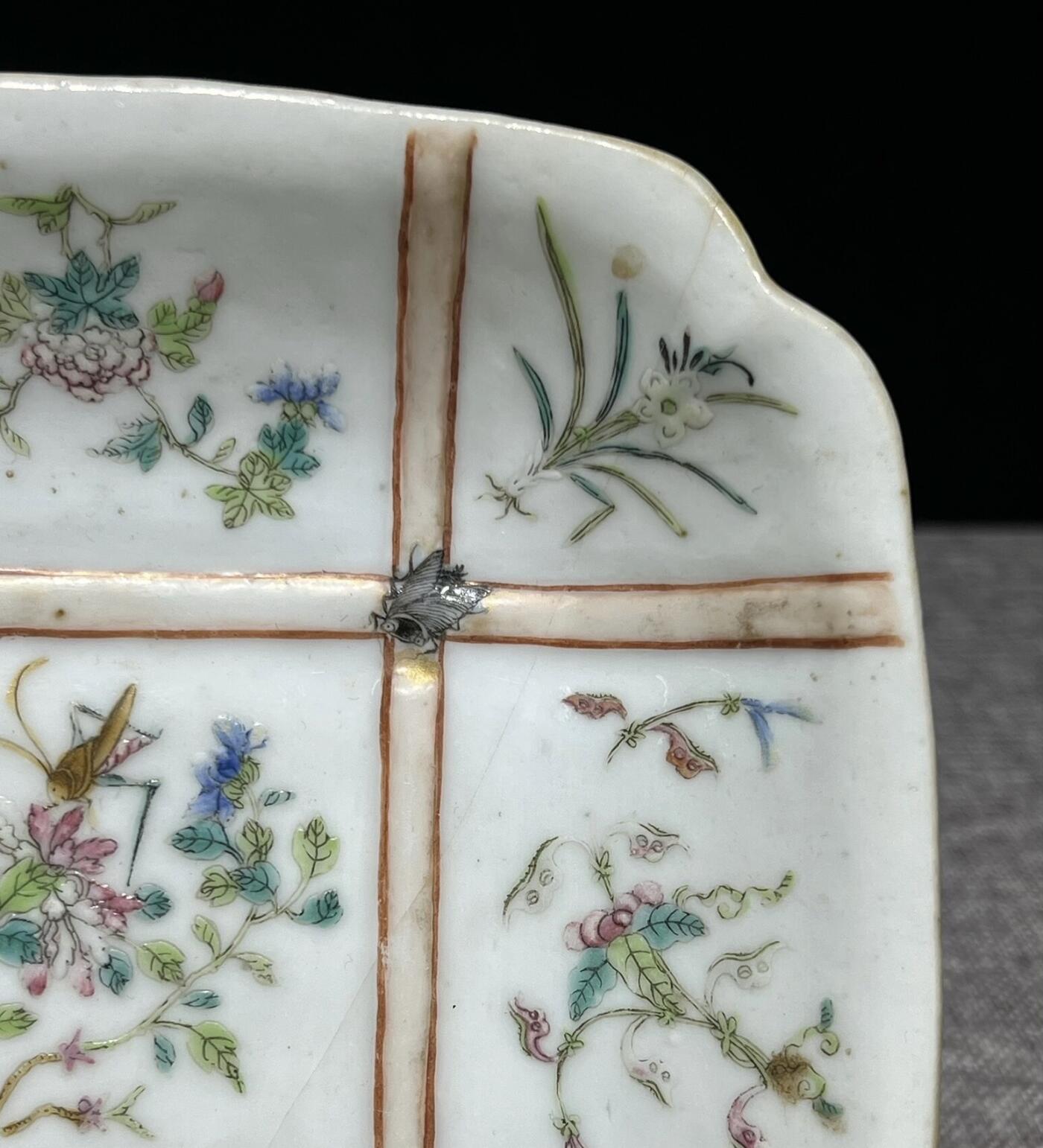 清同治 草虫飞黄腾达高足倭角盘 终身包老 同治本朝