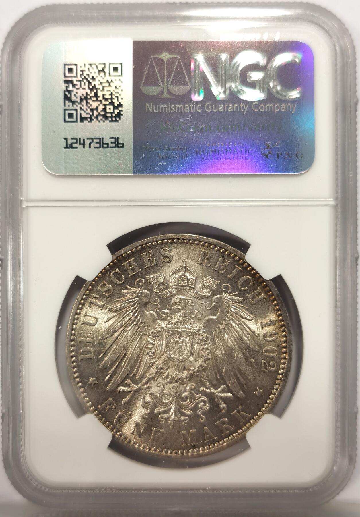 博洋堂世界钱币拍卖第149期（全场包邮） NGC MS62 德国萨克森1902年国王逝世5马克银币，粉光，低评！