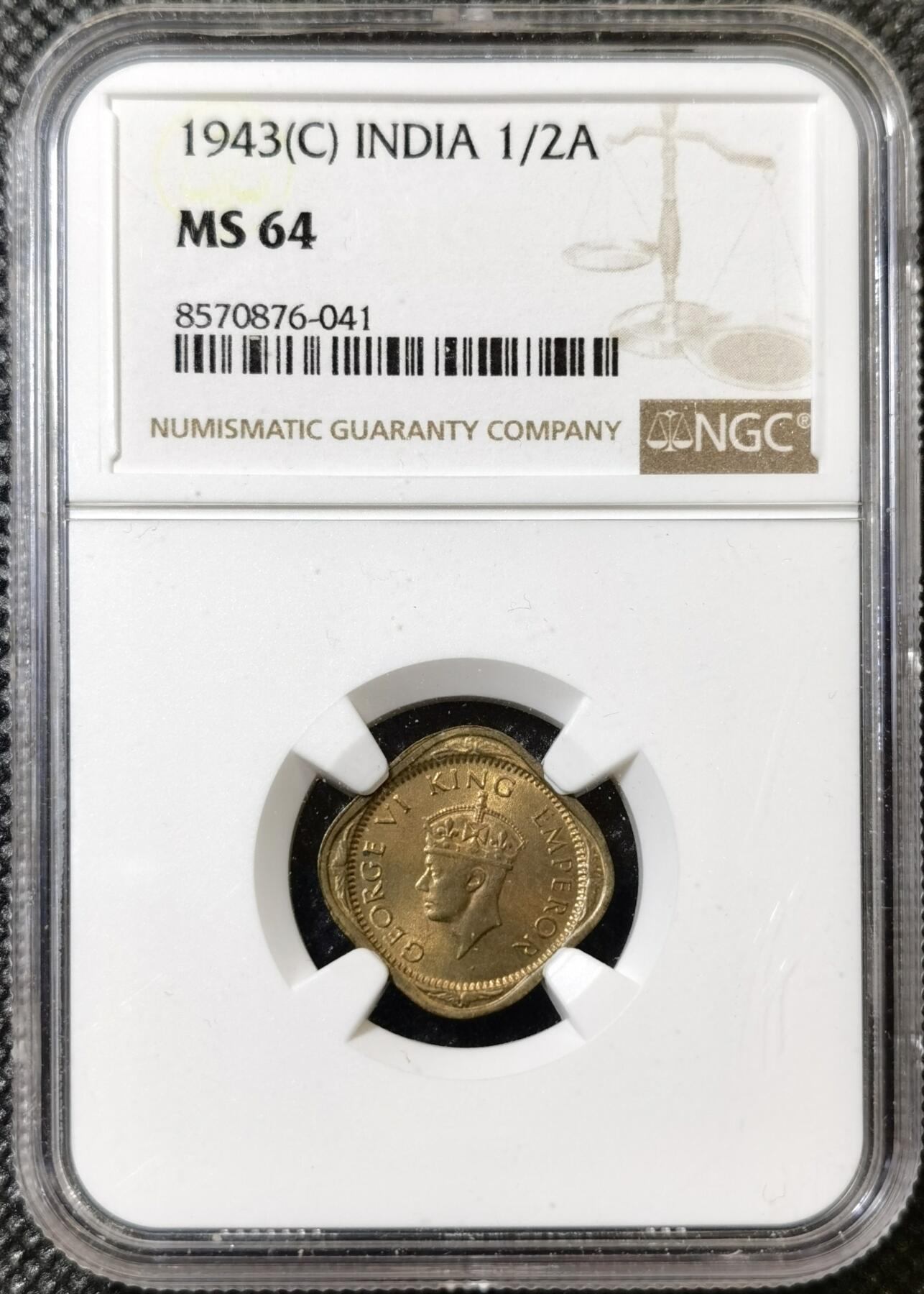 甄臻铺-世界币章拍卖（第40期）送拍享返佣金等优惠多多 NGC-MS64 英属印度1943加尔各答厂半安娜铜币，64好状态可藏