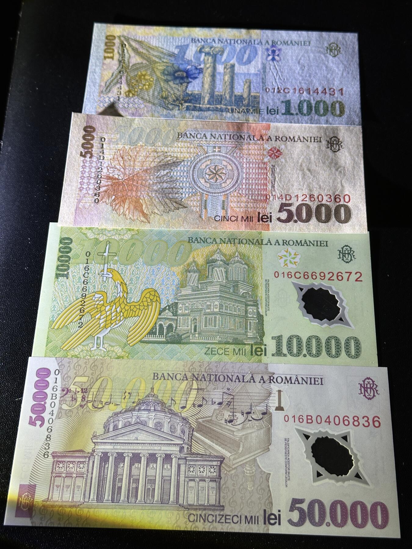 《外钞收藏家》第五百八十八期（优质场）（本平台长期征集拍品、欢迎藏友们联系合作） 罗马尼亚1998-2001年1000/5000纸钞+1万/5万塑料钞列伊4张老版大面额	UNC