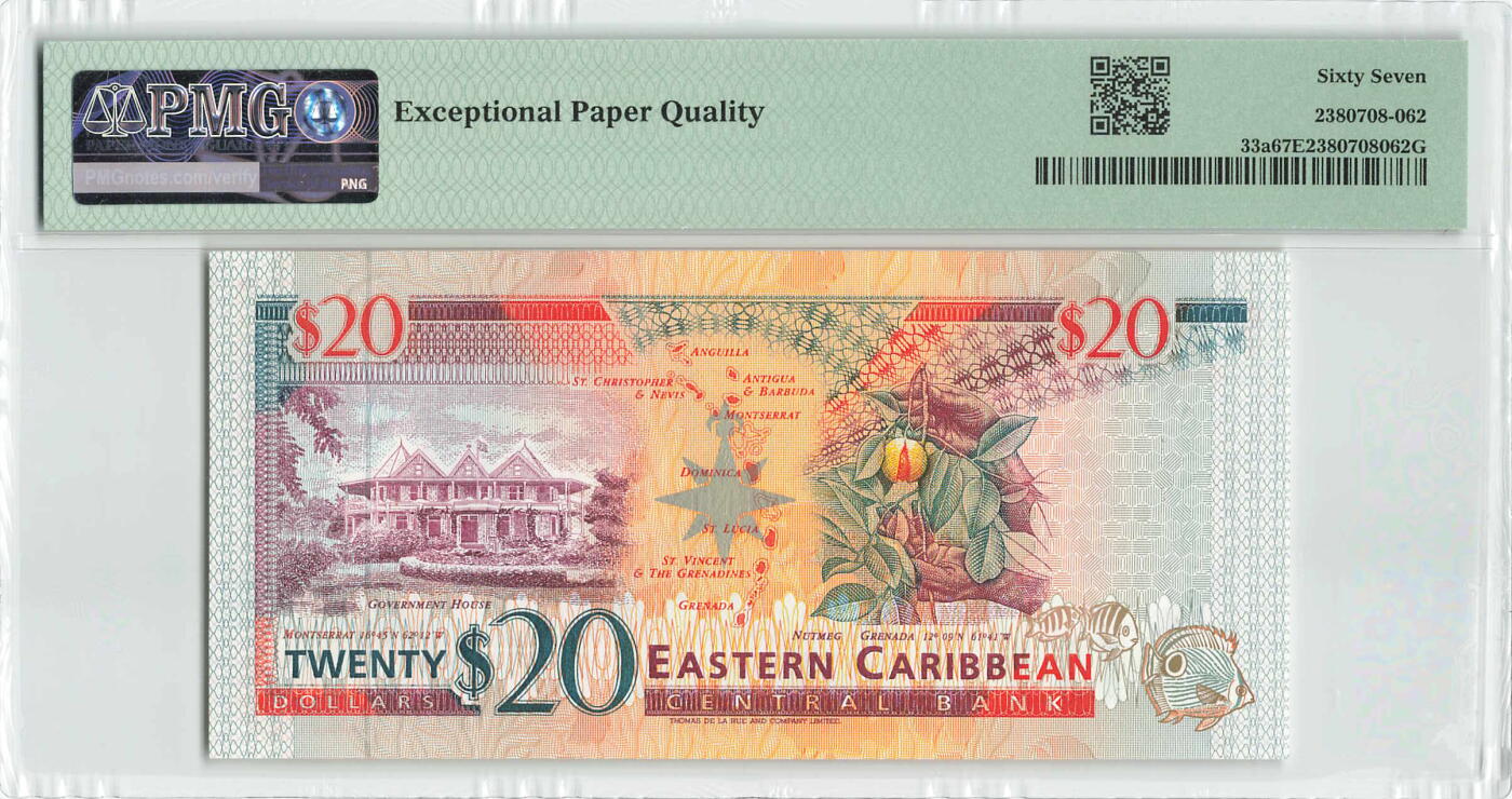 小福收藏拍卖第196期 评级币精选场 本期有68分倒置号布隆迪世界最大纸币 泰国69年10铢纪念钞0A冠百位倒置号  文莱06年500吉令特首年首冠 丹麦经典大松鼠 俄罗斯 玻利维亚 东加勒比 亚美尼亚等多国精美高分珍稀老钞精品纸币 东加勒比（A）安提瓜 1994年 20元 PMG67 EPQ 亚军分 (冠军分仅2枚）