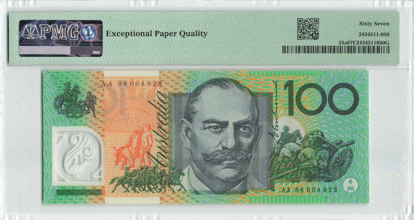 小福收藏拍卖第196期 评级币精选场 本期有68分倒置号布隆迪世界最大纸币 泰国69年10铢纪念钞0A冠百位倒置号  文莱06年500吉令特首年首冠 丹麦经典大松鼠 俄罗斯 玻利维亚 东加勒比 亚美尼亚等多国精美高分珍稀老钞精品纸币 澳大利亚 1996年 100元 塑料钞 罕见纪念钞版 正面加盖日期 首版首发年首发AA冠 尾8 PMG67 EPQ 亚军分