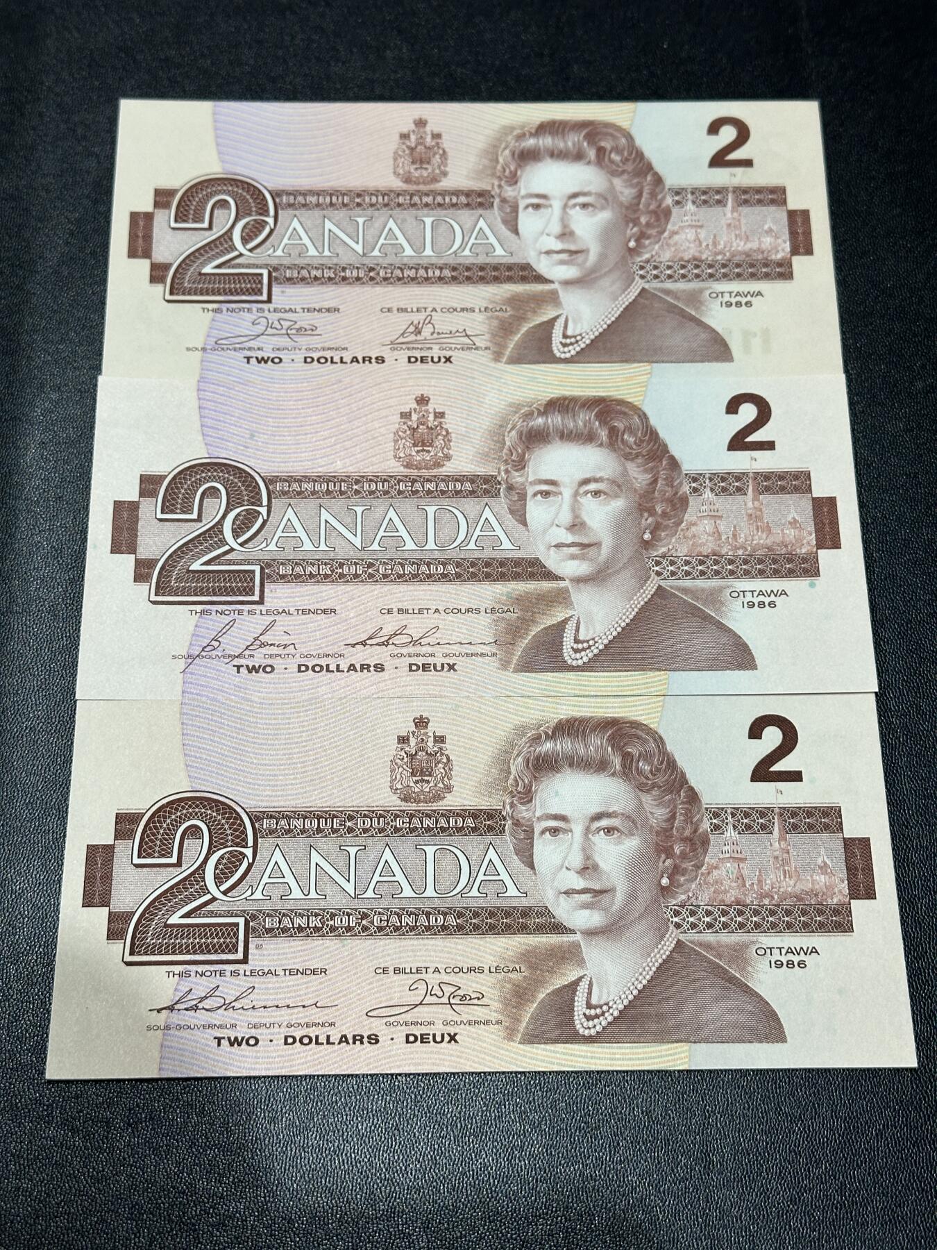 《外钞收藏家》第五百八十八期（优质场）（本平台长期征集拍品、欢迎藏友们联系合作） 加拿大1986年鸟版2元三张（3种全部签名，其中一签较少 绝品）	绝品 轻微有点荧光 不像是潮 另一面看不到