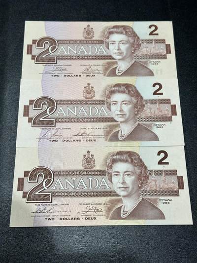 《外钞收藏家》第五百八十八期（优质场）（本平台长期征集拍品、欢迎藏友们联系合作） - 加拿大1986年鸟版2元三张（3种全部签名，其中一签较少 绝品）	绝品 轻微有点荧光 不像是潮 另一面看不到