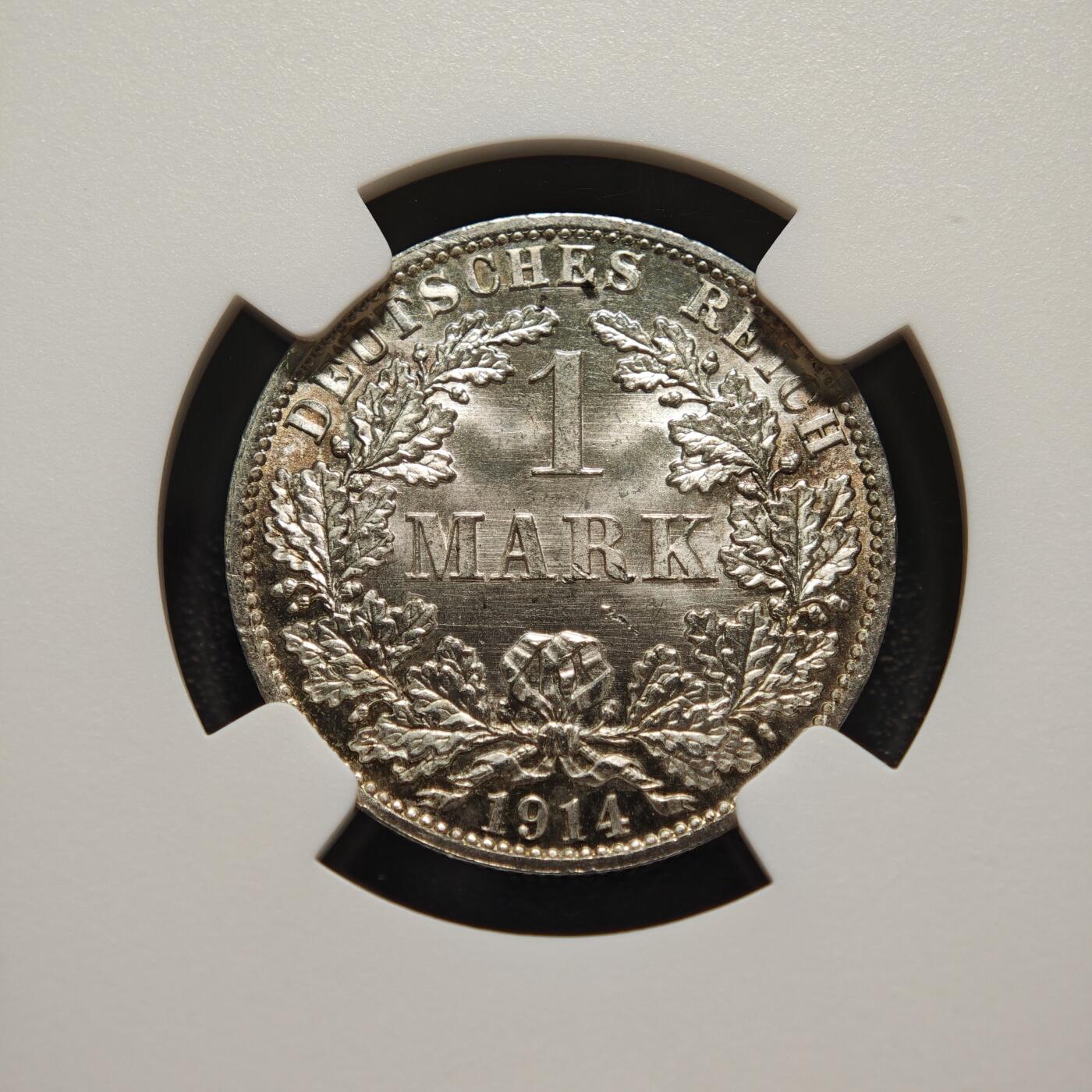 【德藏】世界币章拍卖第155期（拍品征集中~欢迎藏友联系） 1914年 德国1马克银币 NGC MS67 原光犀利 转光极强 淡彩包浆