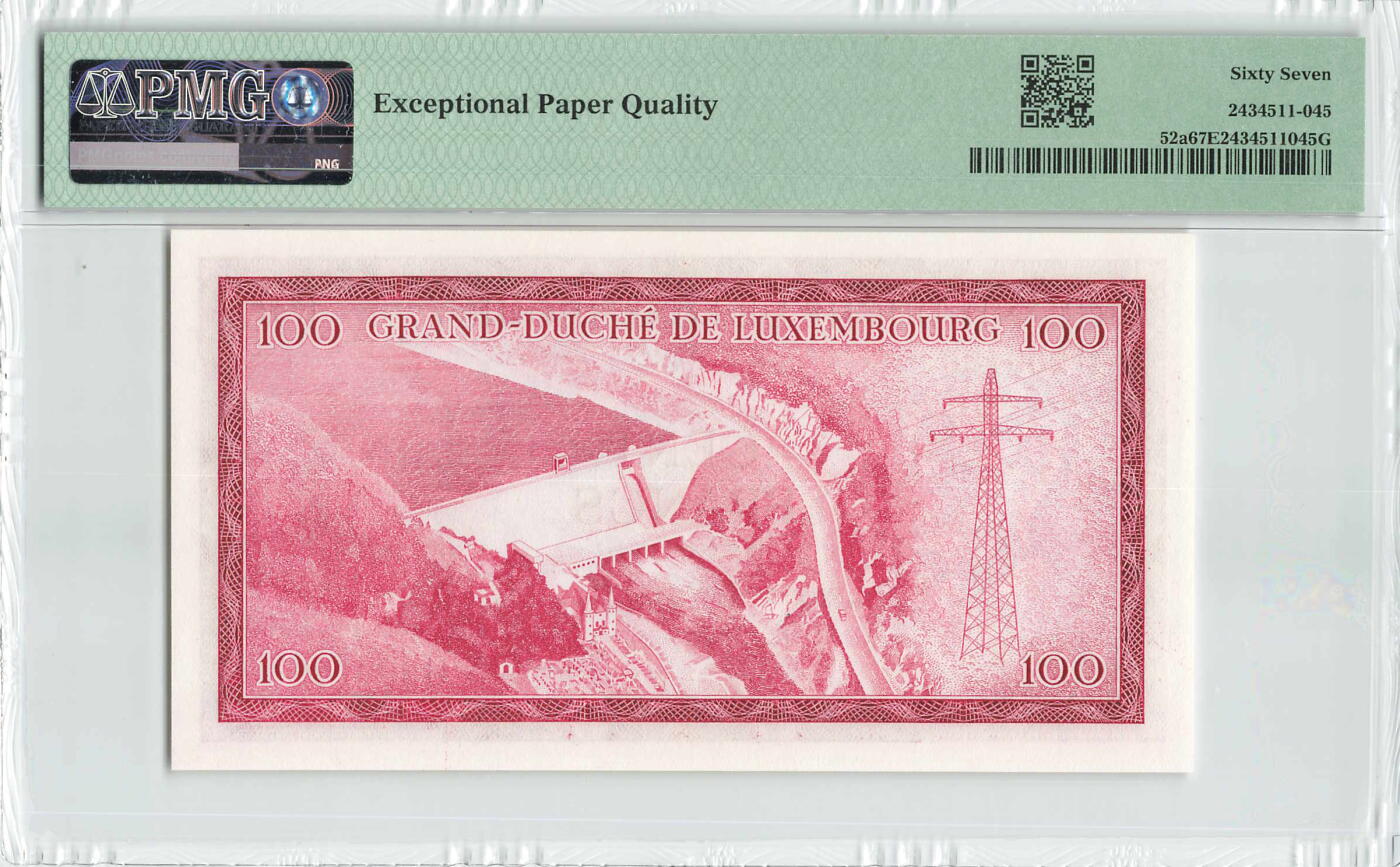 小福收藏拍卖第196期 评级币精选场 本期有68分倒置号布隆迪世界最大纸币 泰国69年10铢纪念钞0A冠百位倒置号  文莱06年500吉令特首年首冠 丹麦经典大松鼠 俄罗斯 玻利维亚 东加勒比 亚美尼亚等多国精美高分珍稀老钞精品纸币 卢森堡 1963年 100法郎 夏洛特公爵夫人 无47 PMG67 EPQ 亚军分