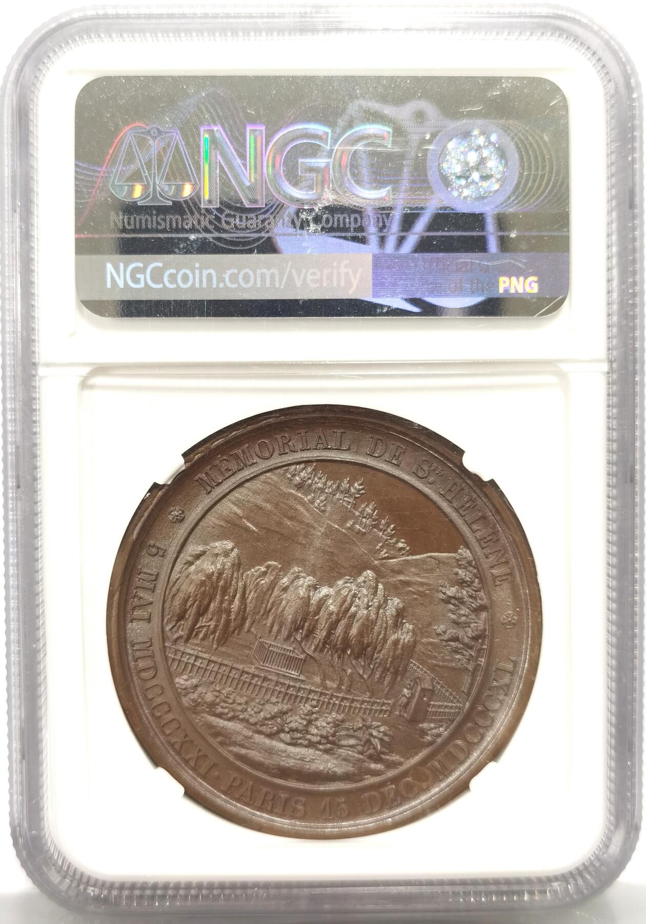 博洋堂世界钱币拍卖第149期（全场包邮） NGC MS65 超高分拿破仑1840年魂归圣赫勒拿纪念大铜章。原铸款拿破仑纪念大铜，背面是圣赫勒拿最后的安息地风景。外拍63分都很贵的品种！