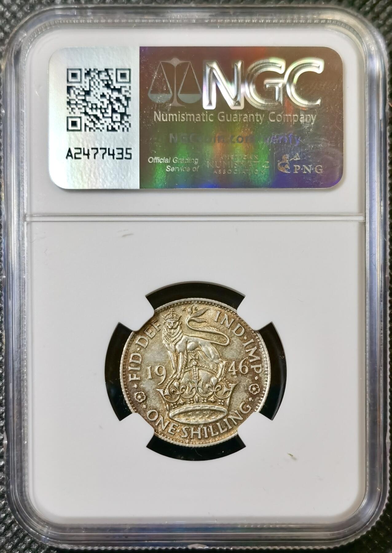 甄臻铺-世界币章拍卖（第40期）送拍享返佣金等优惠多多 NGC-MS63 英国1946乔治六世先令银币，英格兰版，五彩包浆，BU状态好