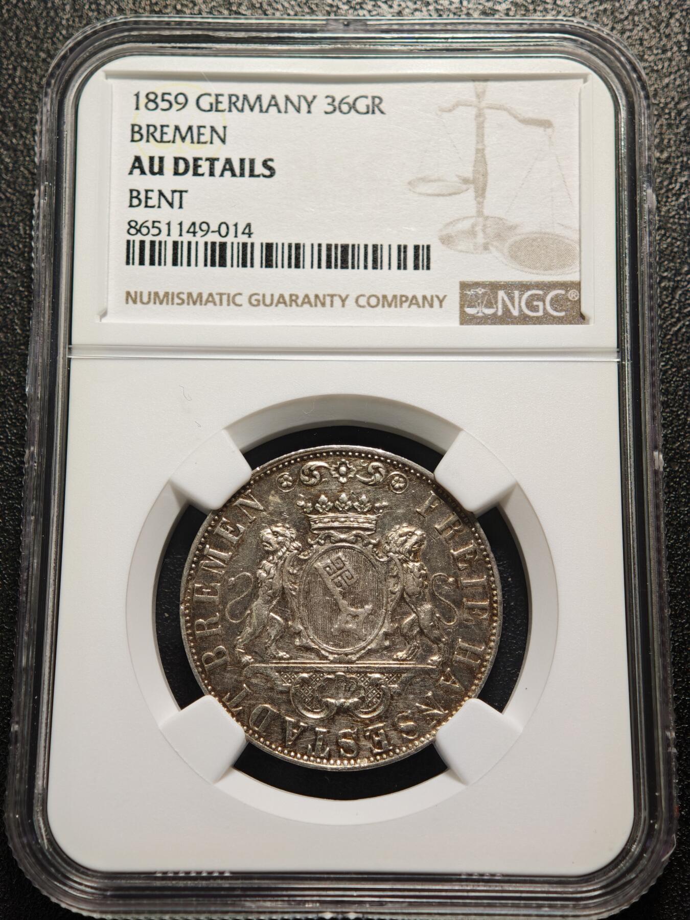 【德藏】世界币章拍卖第155期（拍品征集中~欢迎藏友联系） 1859年  德国不莱梅36GROTE银币 NGC AU 稀少品种