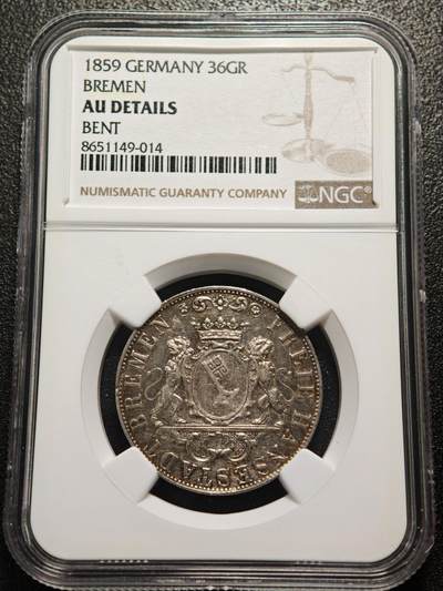【德藏】世界币章拍卖第155期（拍品征集中~欢迎藏友联系） - 1859年  德国不莱梅36GROTE银币 NGC AU 稀少品种