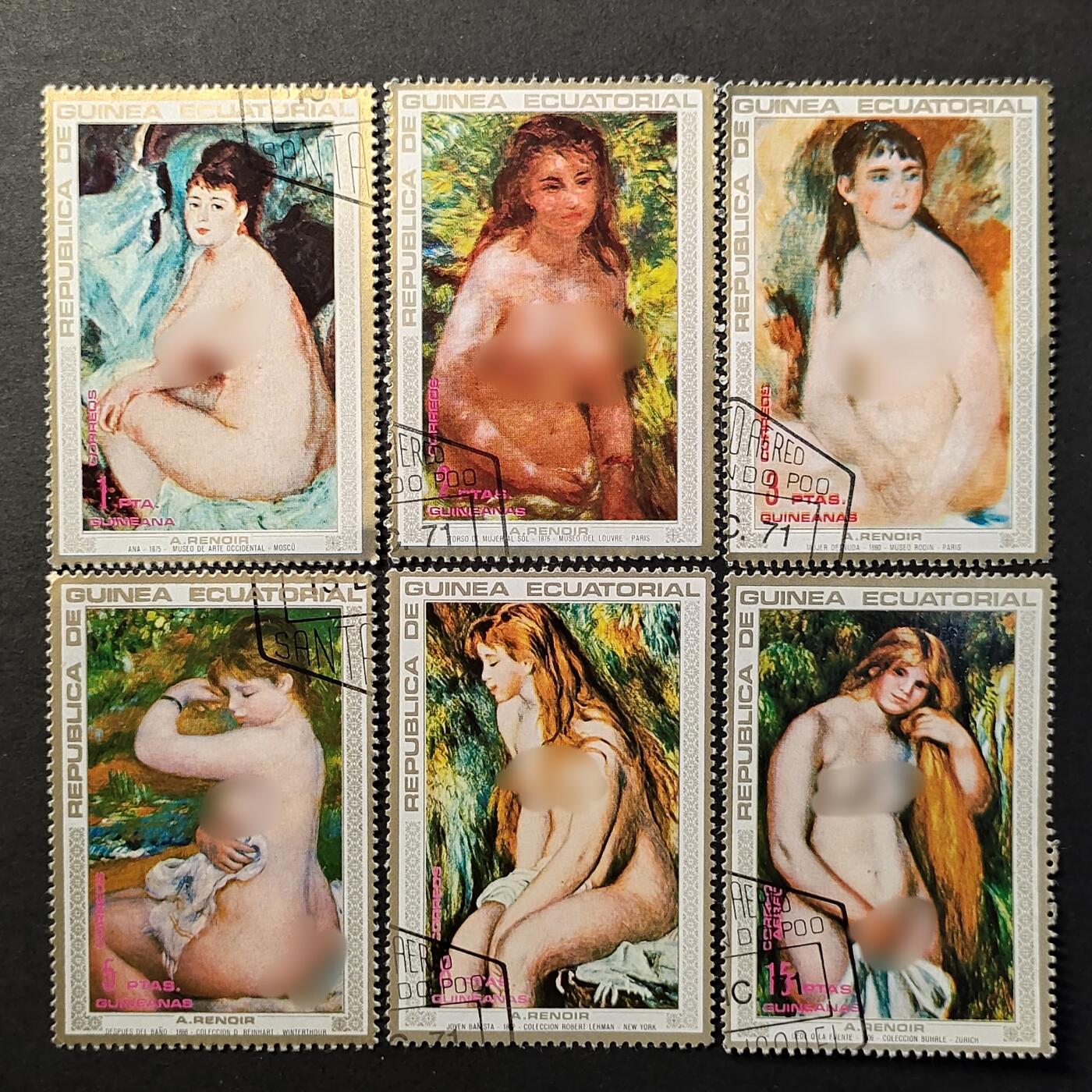 ↓君缘收藏663期☞钱币邮品↓无佣金、可寄存、满30元包邮  赤道几内亚邮票，1971年雷诺阿人体艺术绘画邮票